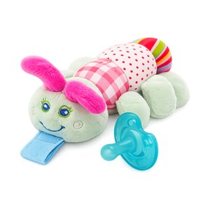 BabyLUV Caterpillar plush soother with detachable BPA free medical grade silicone pacifier on a white background. Machine washable, for newborns 0+ months.
