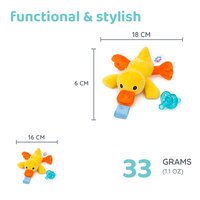 Size of the Duck plush soother, 18 by 16 by 6 centimetres