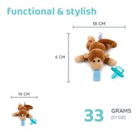 Size of the Monkey plush soother, 18 by 16 by 6 centimetres