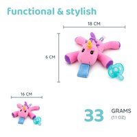 Size of the Unicorn plush soother, 18 by 16 by 6 centimetres