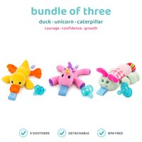 BabyLUV trio of three plush soothers: Duck, Unicorn, Caterpillar