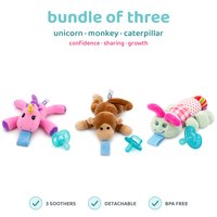 BabyLUV trio of three plush soothers: Unicorn, Monkey, Caterpillar